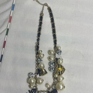 Charm Statement Necklace Faux Pearls Rhinestones Skull Bow Gold Tone Hearts